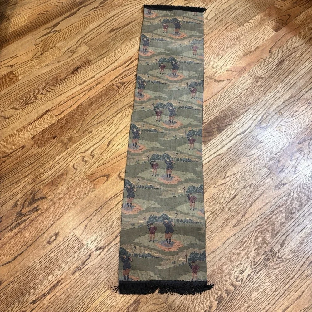 Vintage Golf Tapestry Table Runner Fringe‎ Edges Golfer Scene 60x14 Green